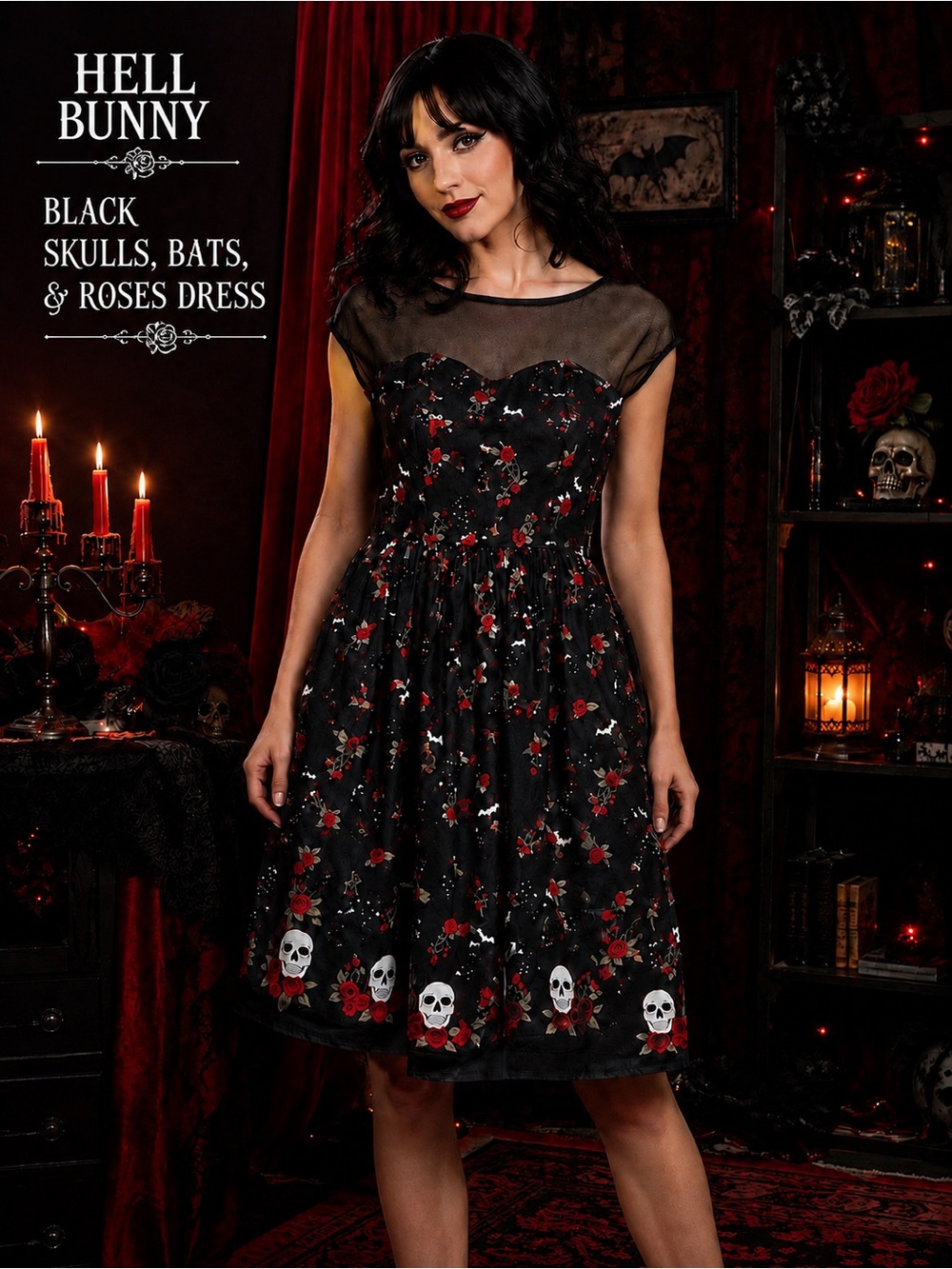 Hell Bunny Skull Rose Bat Gothic Fit & Flare Dress Black Red Size M NWT
